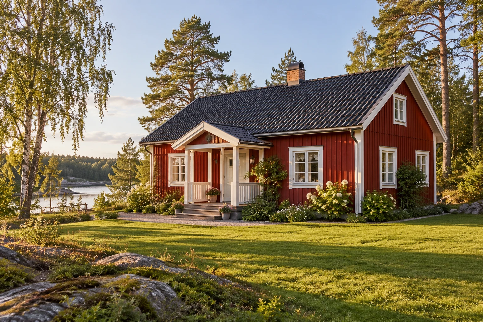 Illustration av ett rött fritidshus med vita knutar och mörkt tegeltak
